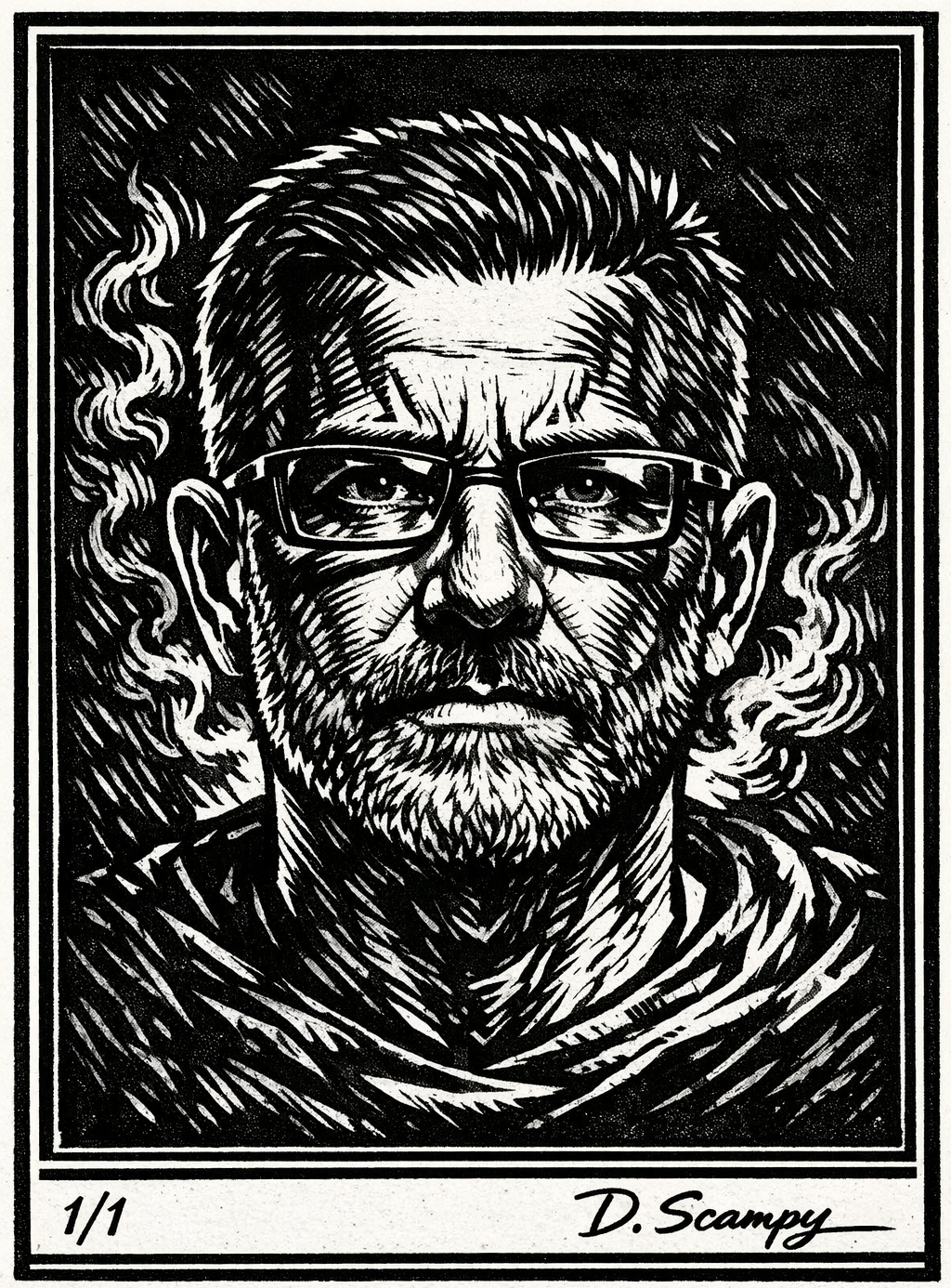 Holzschnitt-Selbstportrait von D. Scampy, signiert 1/1